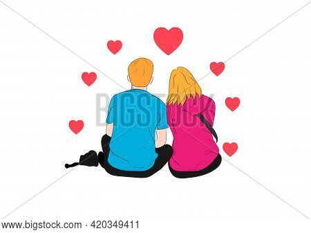 Graphics Drawing Couple Boy And Girl Sit And Heart Around On White Background Concept Romantic Coupl