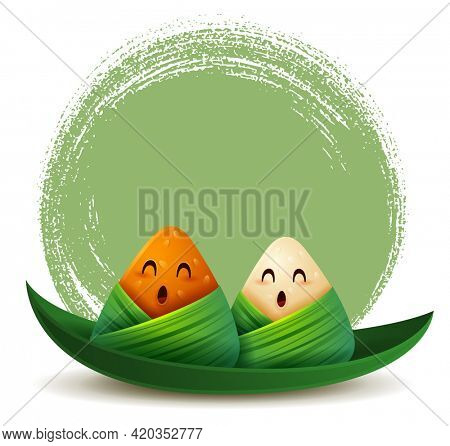 Dragon Boat Festival rice dumpling cartoon character on leaf boat on abstract ink brush circle background. Isolated.