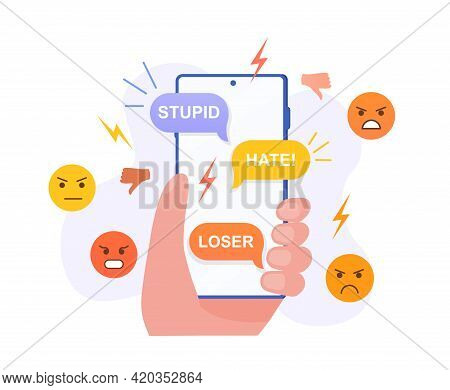 Character Hand Holding Cell Phone With Incoming Bullying Message In Chat. Harassment Problem. Cyber 