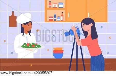 Cooking Video Blog. Cooking Live Streaming. Women Vlog Or Show Channel With Culinary Tutorial, Food 