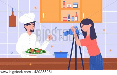 Popular Tv Cooking Show Program Shooting Process. Cooking Live Streaming. Cameraman Recording Video.