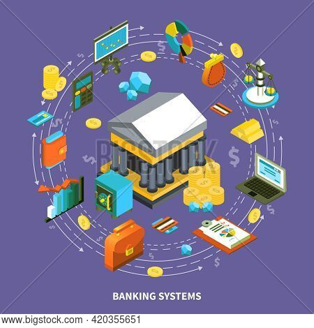 Banking Financial Icons Isometric Round Composition With Arrows Wallet Computer Credit Card Coins Go
