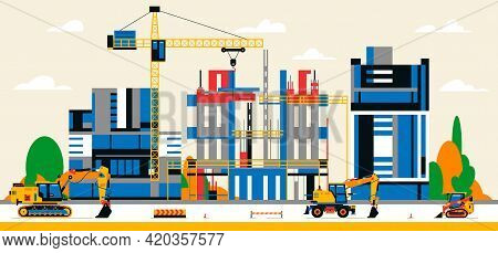 Construction Site In The City Between City Buildings. Building Under Construction And Service Equipm