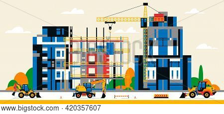Construction Site In The City Between City Buildings. Building Under Construction And Service Equipm