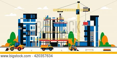 Construction Site In The City Between City Buildings. Building Under Construction And Service Equipm