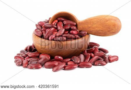 Red Kidney Beans In Wooden Bowl And Spoon, Isolated On White Background. Rajma Or Mexican Bean. Bean