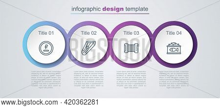 Set Line Rouble, Ruble Currency, Kankles, Accordion And Tin Can With Caviar. Business Infographic Te