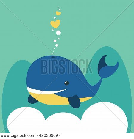 Cheerful Kind Whale On A Blue Background With Hearts. Children's Illustration Of A Whale.