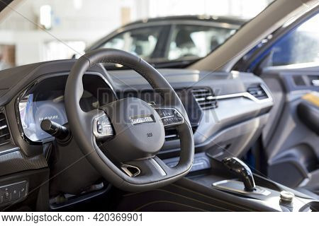 Russia, Izhevsk - February 17, 2021: Interior Of New Modern F7x Car In Haval Showroom. Car Manufactu