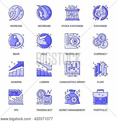 Stock Quotes Web Flat Line Icons Set. Pack Outline Pictogram Of Increase And Decrease, Finance, Bear