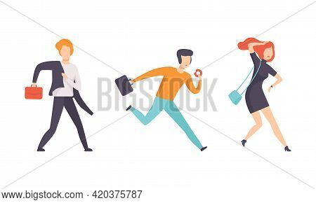 Set Of Business People Running With Briefcase, Male And Female Persons Rushing In Hurry To Get On Ti