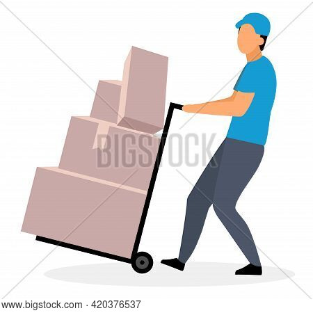 Loader Man Moving Dolly Cart Flat Vector Illustration. Warehouse Worker With Packages On Hand Truck 