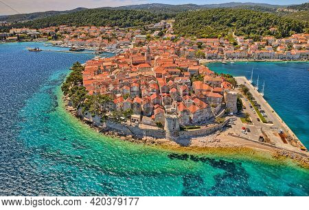 Aerial Shot Of The Old Medieval Town As Korcula Center