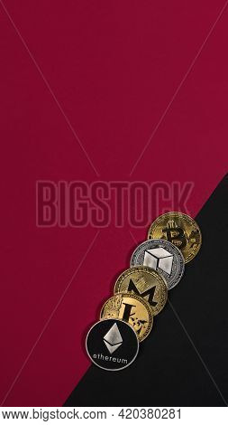 Shining Crypto Currency Coins, Cryptocurrency Vertical Banner On Black And Red Background With Place