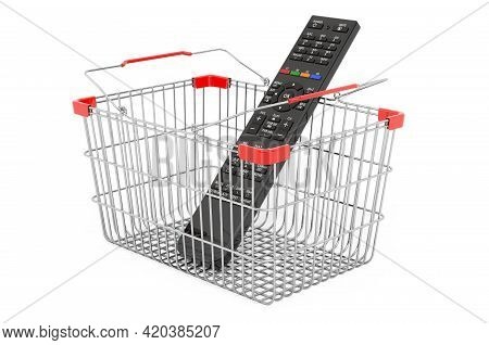Shopping Basket With Tv Remote Control, 3d Rendering Isolated On White Background