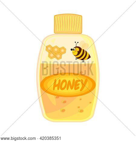 Bottle With Honey Isolated On White Background. Fresh Raw Organic Liquid Honey In Jar With Cap. Cart