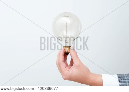 Woman Hand Holding Lamp Presenting Ideas For Project, Man Fists Showing Bulb And New Technologies, H