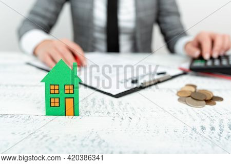 Lady Presenting New Home Savings Deals In Outfit, Business Woman Showing Possible Investment Oppurti
