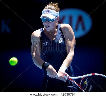 MELBOURNE - 14 de janeiro: Samantha Stosur da Austrália em seu primeiro rodada vitória sobre Chang Kai-Chen de C