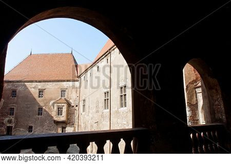 HUNEDOARA, ROMANIA - MAY 7, 2021: Architectural details of Corvin Castle, also known as Hunyadi Castle or Hunedoara Castle, Hunedoara County, Transylvania, Romania