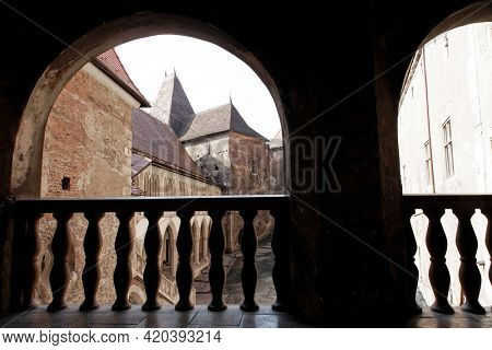 HUNEDOARA, ROMANIA - MAY 7, 2021: Architectural details of Corvin Castle, also known as Hunyadi Castle or Hunedoara Castle, Hunedoara County, Transylvania, Romania