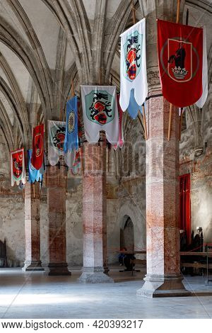 HUNEDOARA, ROMANIA - MAY 7, 2021: Architectural details of Corvin Castle, also known as Hunyadi Castle or Hunedoara Castle, Hunedoara County, Transylvania, Romania