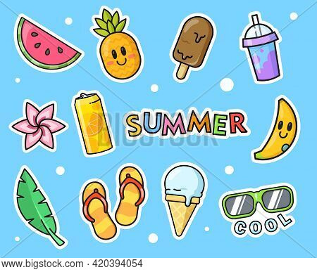 Hawaii Stickers Set For Embroidery Fashion Designs. Cartoon Vector Illustrations Of Funny Banana, Pi