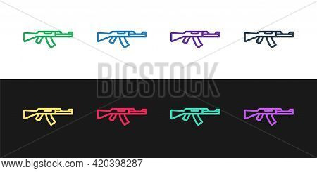 Set Line Submachine Gun Icon Isolated On Black And White Background. Kalashnikov Or Ak47. Vector