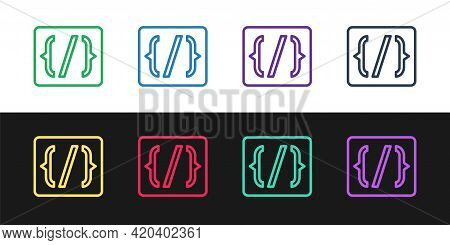 Set Line Programming Language Syntax Icon Isolated On Black And White Background. Syntax Programming