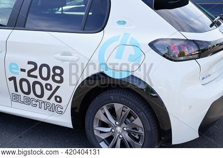 Bordeaux , Aquitaine France - 05 08 2021 : Peugeot 208 E-208 Electric Car Vehicle Produced By The Fr