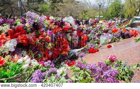 Odessa, Ukraine - May 9, 2021: Memorial Of Unknown Sailor Of Eternal Flame To Defenders Of Fatherlan