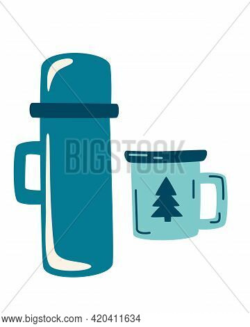Camping Thermos And Enameled Mug. Travel Set With Thermos. Take Away Coffee Or Tea. Winter Or Campin