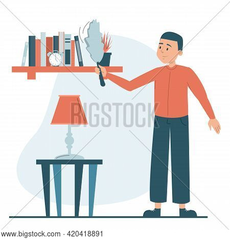 Man Wiping Dust From The Shelf Vector Isolated.