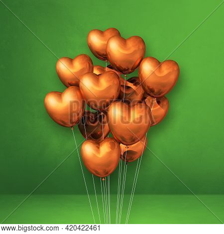 Copper Heart Shape Balloons Bunch On A Green Wall Background. 3d Illustration Render