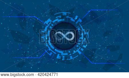Dfinity Internet Computer Icp Token Symbol In Digital Circle With Cryptocurrency Theme On Blue Backg