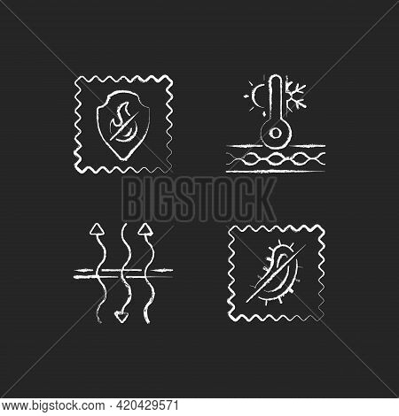 Fabric Characteristics Chalk White Icons Set On Black Background. Fireproof And Breathable Textile. 