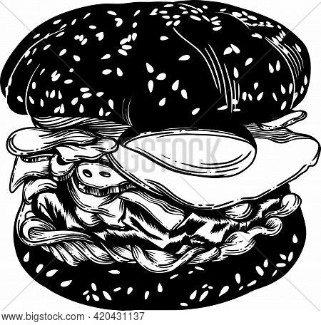 Vector Illustration Of A Burger. Hamburger In Black And White. Linear Vector Drawing.