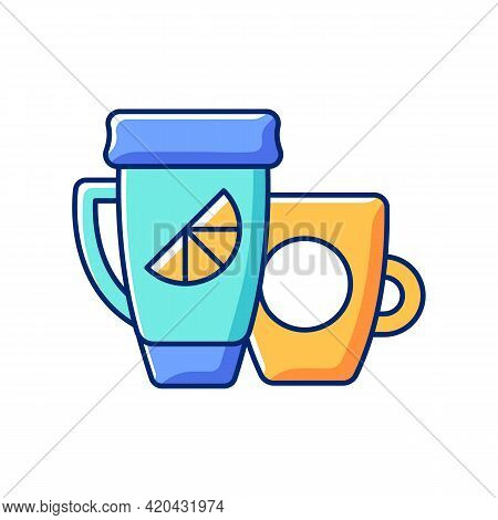 Branded Cup And Thermal Cup Rgb Color Icon. Unique Stylish Conteiner For Drinking Hot Liquids. Uniqu
