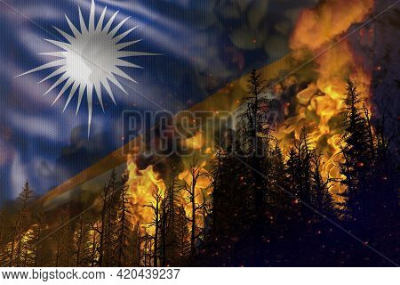 Forest Fire Fight Concept, Natural Disaster - Flaming Fire In The Woods On Marshall Islands Flag Bac