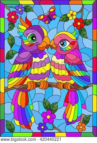 Stained Glass Illustration With Bright Cartoon Parakeets Against A Blue Sky And Flowers, In A Bright