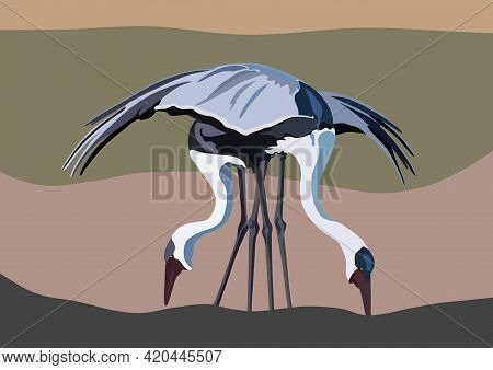 Abstract Illustration Of Japanese Cranes Walking In The Field