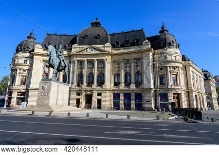 Bucharest, Romania, 8 November 2020: The Main Building Of The Central University Library With Equest