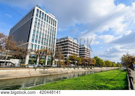 Bucharest, Romania, 7 November 2020: New Offices Buildings Near Dambovita River In Timpuri Noi (new 