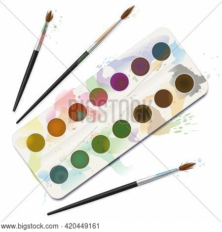 Used Watercolor Paint Box - Spotty, Blotchy, Soiled, Spilled, Dirty With Frayed Brushes. Isolated Ve