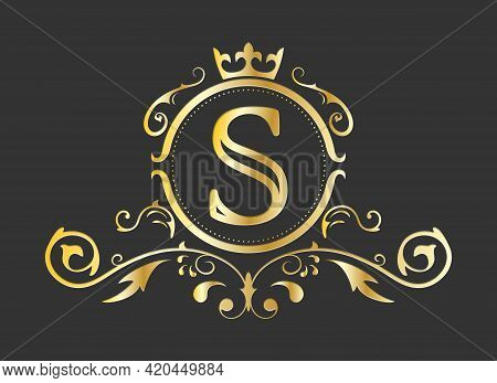 Golden Stylized Letter S Of The Latin Alphabet. Monogram Template With Ornament And Crown For Design