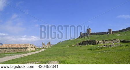 Sudak, Crimea - April 21, 2021: Genoese Fortress In Sudak, Crimea. Sunny Day, End Of April.