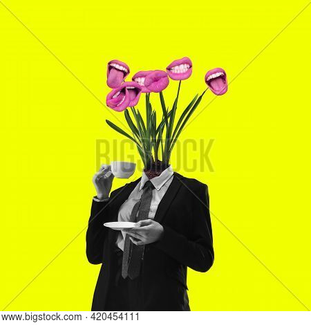 Art Collage. Young Girl Headed Of Bounch Of Female Lips Isolated Over Yellow Background.