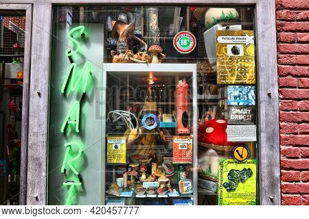 Amsterdam, Netherlands - July 10, 2017: Magic Mushroom Recreational Drug Shop In Amsterdam. Netherla