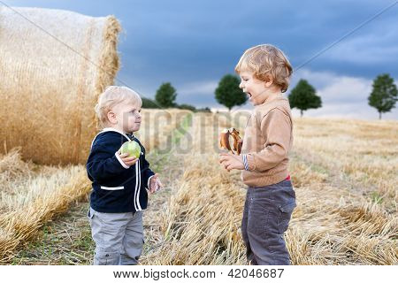 zwei kleine Kleinkind Jungs spielen auf Stroh-Feld