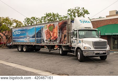 Pasadena, Ca, Usa - May 11, 2021: Large White Sysco Food Delivery Truck With Coloful Side Fish Theme
